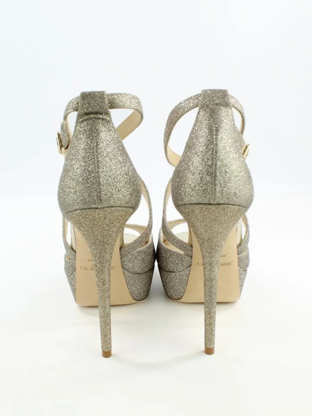 NEW JIMMY CHOO Jenique 125 Glittered Platform Sandals, EU 41, Platinum Ice
